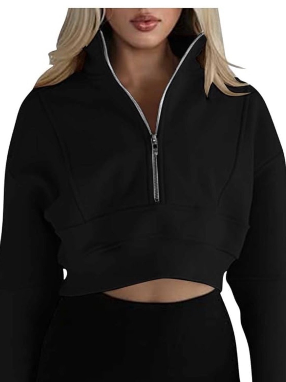 Soft Black Quarter-Zip Cropped Pullover